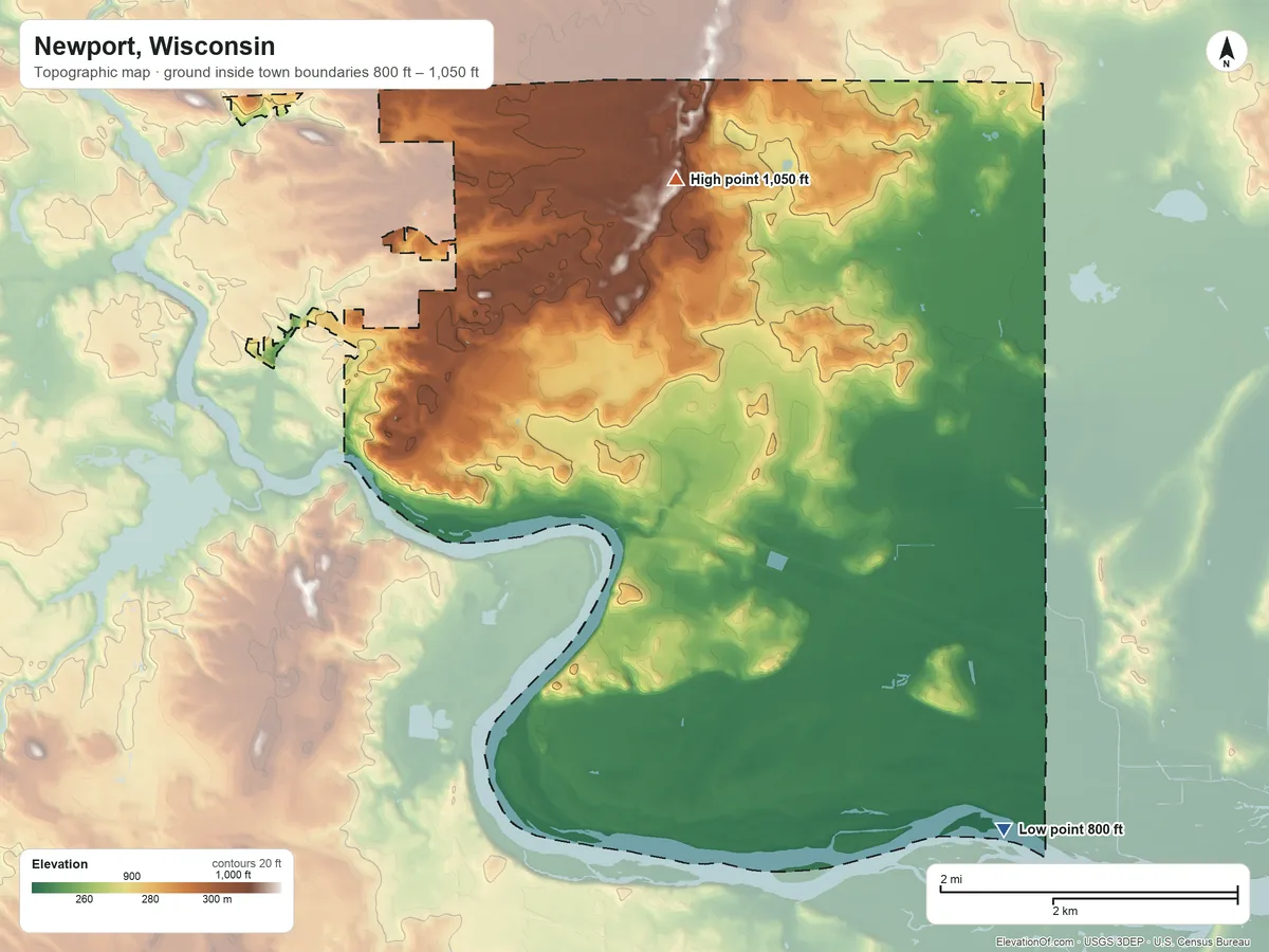 Topographic elevation map of Newport, Wisconsin, shaded from 800 ft on the southeast side to 1,050 ft on the north side