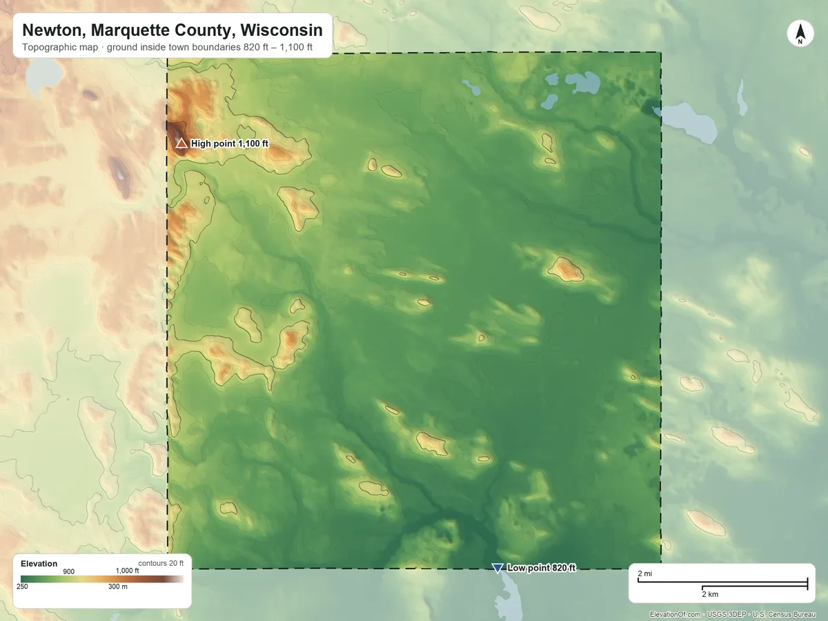 Topographic elevation map of Newton, Marquette County, Wisconsin, shaded from 820 ft on the south side to 1,100 ft on the northwest side