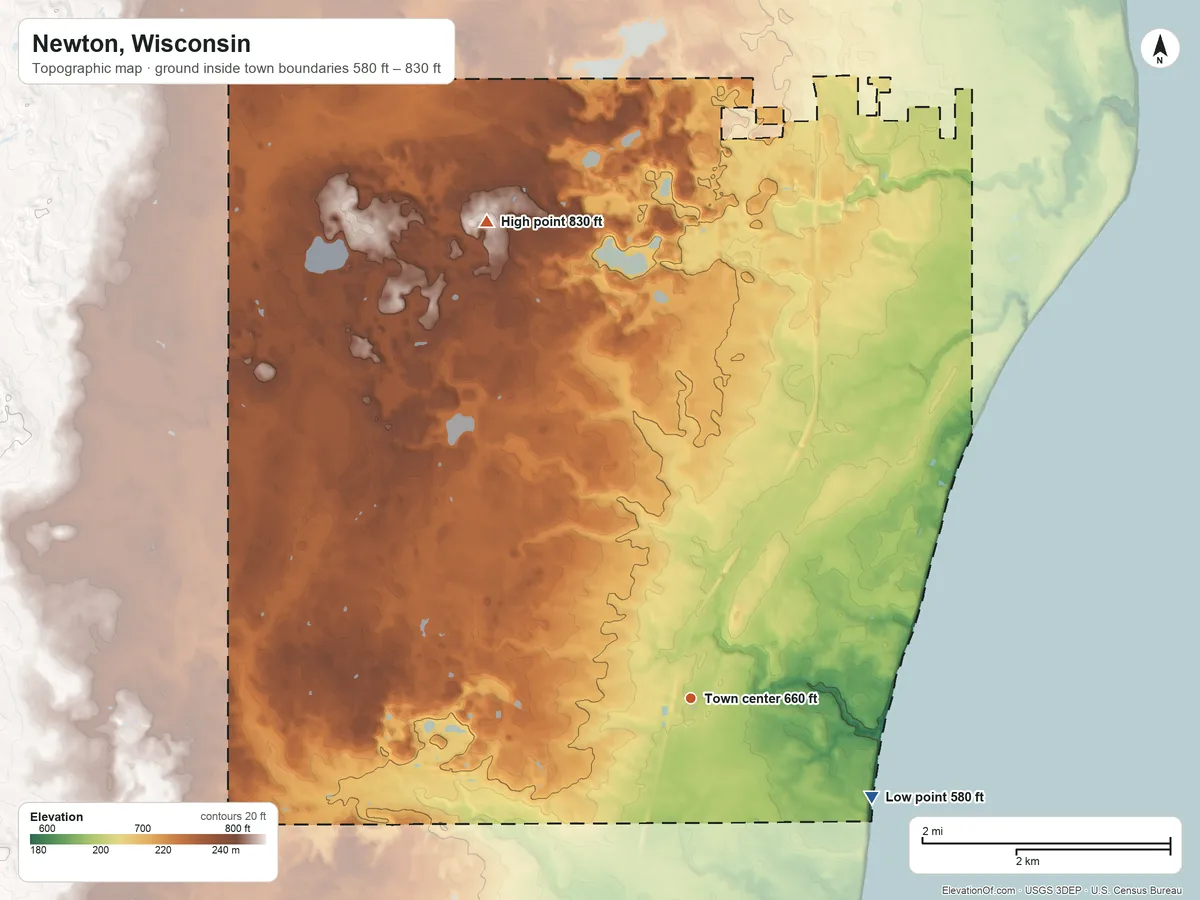 Topographic elevation map of Newton, Wisconsin, shaded from 580 ft on the southeast side to 830 ft on the northwest side
