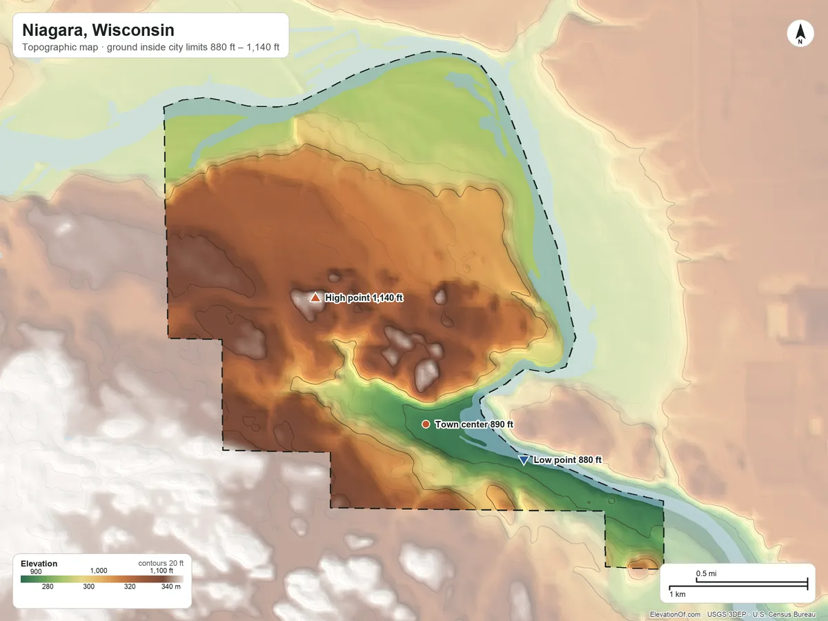 Topographic elevation map of Niagara, Wisconsin, shaded from 880 ft on the east side to 1,140 ft on the northwest side