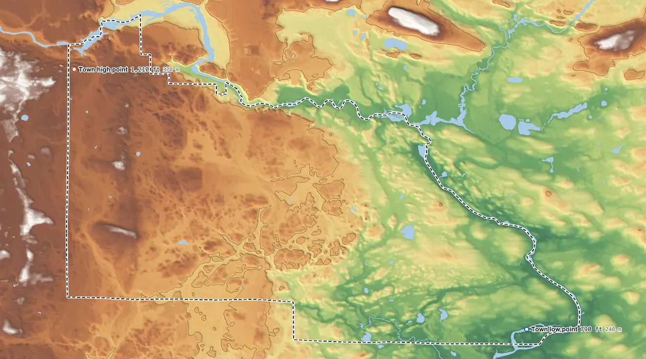 Topographic elevation map of Town of Niagara, Wisconsin, shaded from 790 ft on the southeast side to 1,210 ft on the northwest side