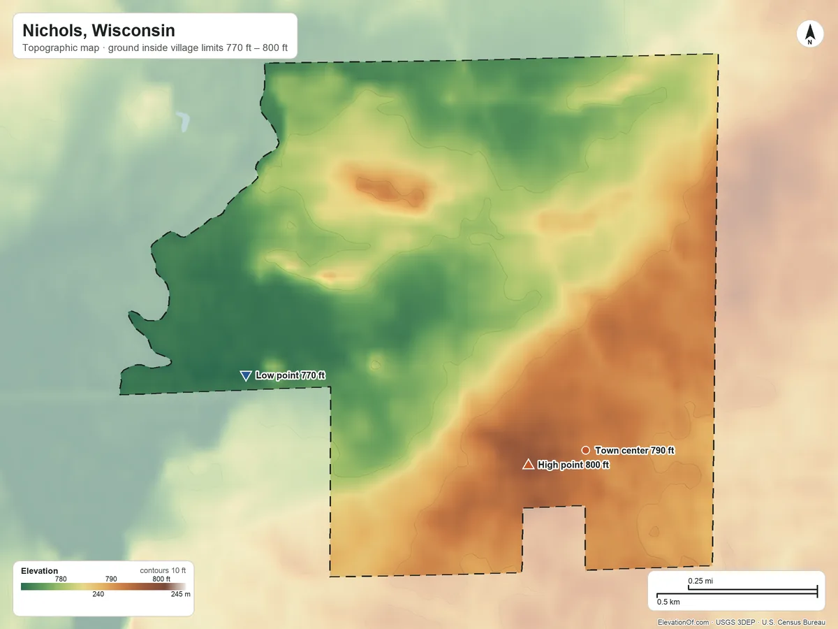 Topographic elevation map of Nichols, Wisconsin, shaded from 770 ft on the west side to 800 ft near the middle