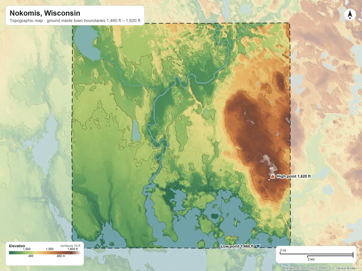 Topographic elevation map of Nokomis, Wisconsin, shaded from 1,460 ft on the southeast side to 1,620 ft on the east side