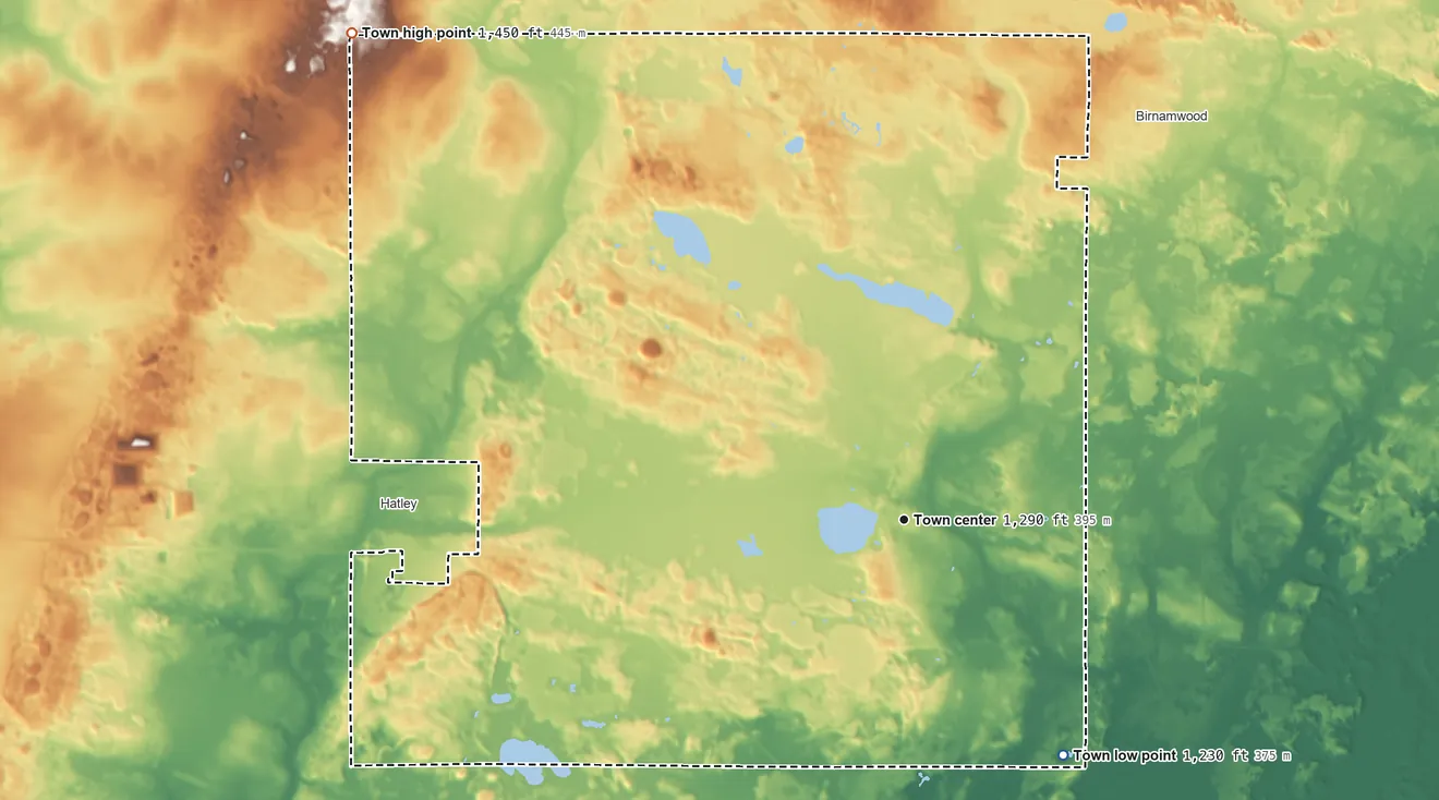 Topographic elevation map of Norrie, Wisconsin, shaded from 1,230 ft on the southeast side to 1,450 ft on the northwest side