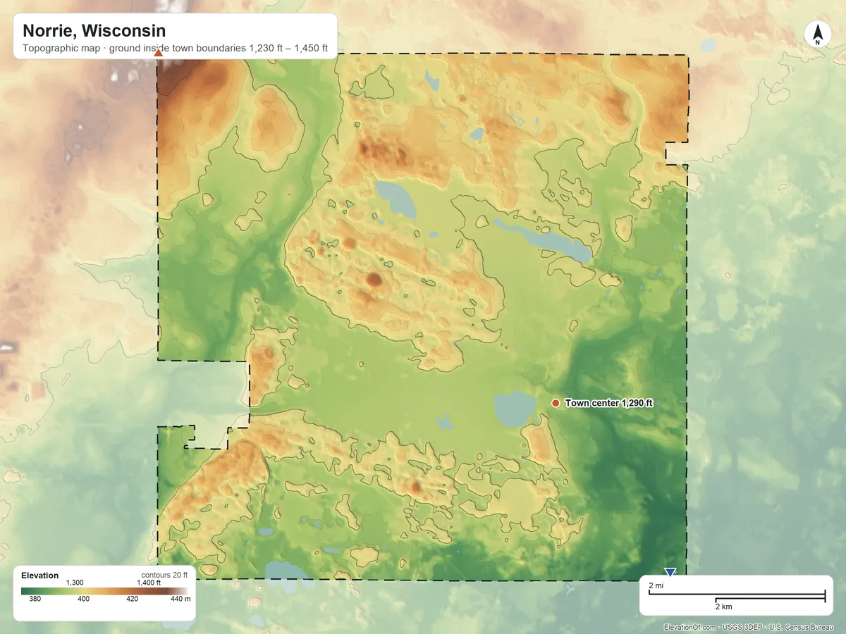 Topographic elevation map of Norrie, Wisconsin, shaded from 1,230 ft on the southeast side to 1,450 ft on the northwest side