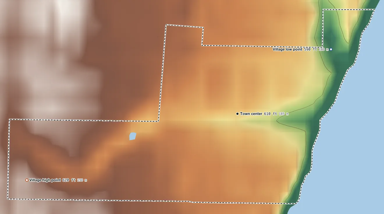Topographic elevation map of North Bay, Wisconsin, shaded from 590 ft on the northeast side to 620 ft on the west side
