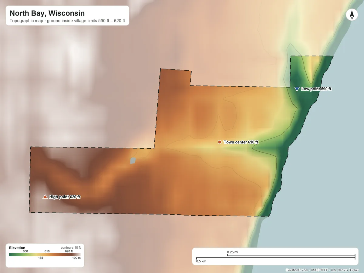 Topographic elevation map of North Bay, Wisconsin, shaded from 590 ft on the northeast side to 620 ft on the west side