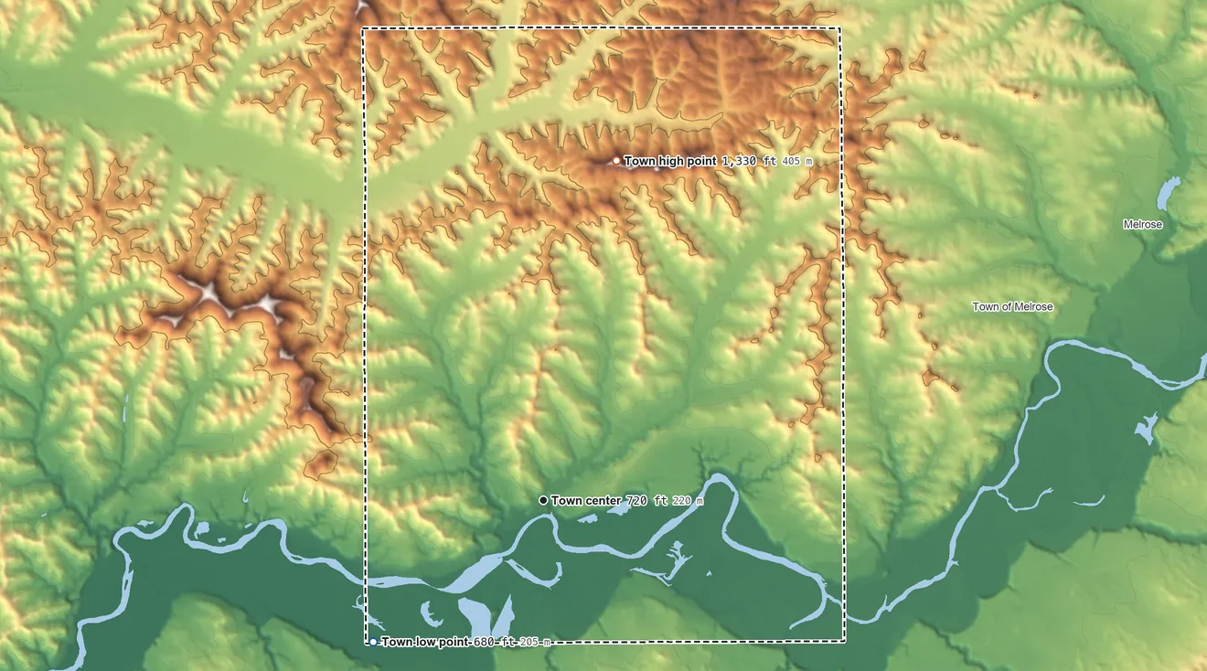 Topographic elevation map of North Bend, Wisconsin, shaded from 680 ft on the southwest side to 1,330 ft on the north side