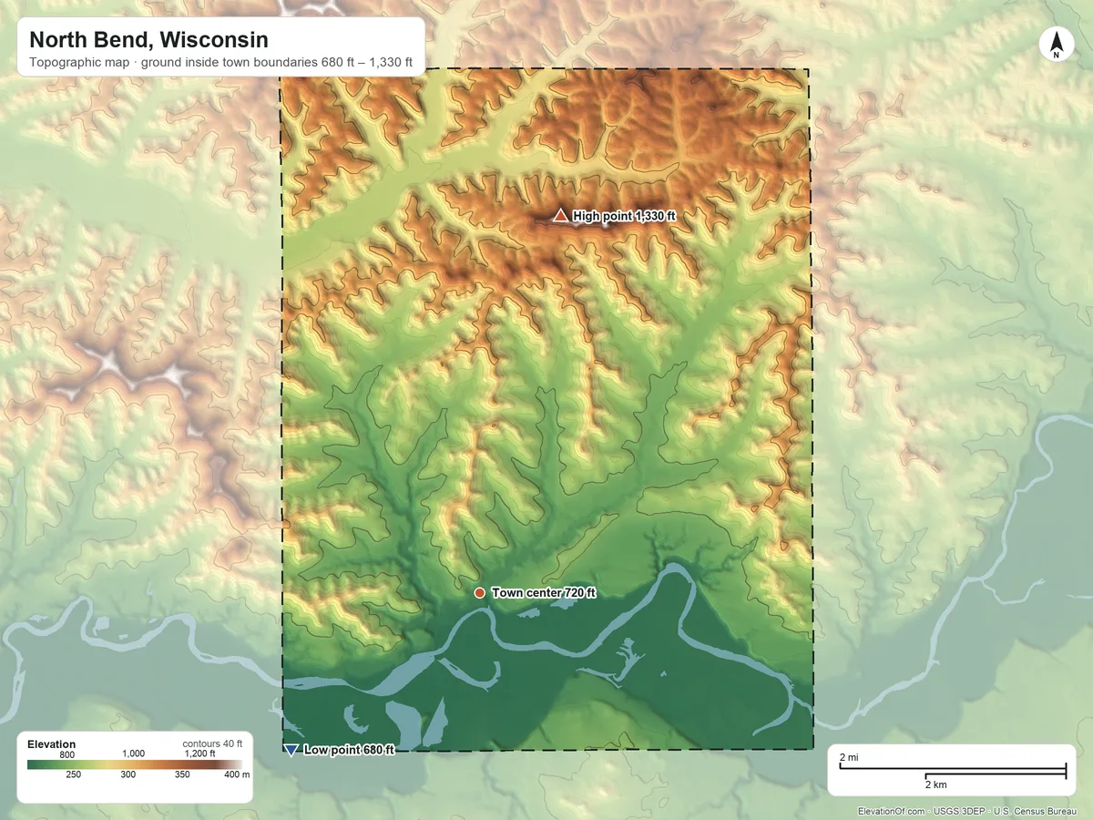 Topographic elevation map of North Bend, Wisconsin, shaded from 680 ft on the southwest side to 1,330 ft on the north side