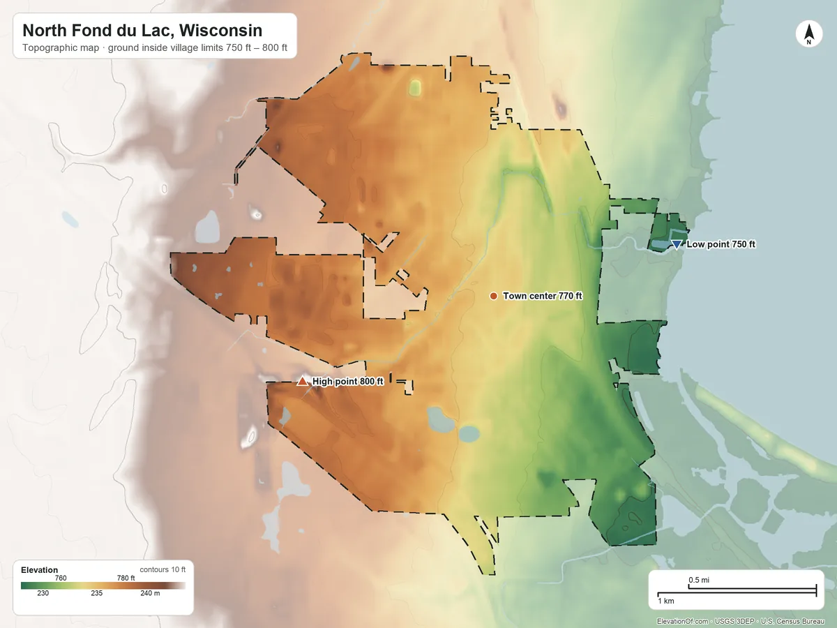 Topographic elevation map of North Fond du Lac, Wisconsin, shaded from 750 ft on the east side to 800 ft on the southwest side