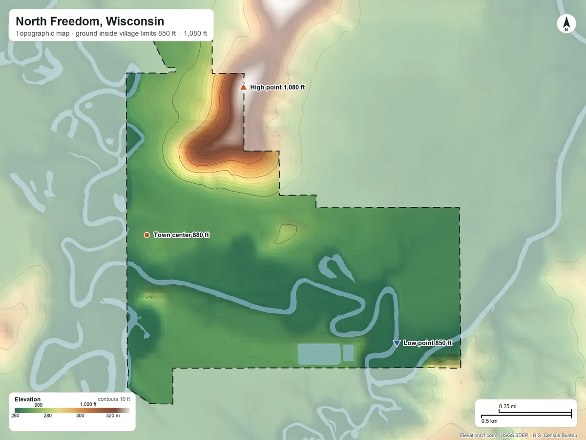 Topographic elevation map of North Freedom, Wisconsin, shaded from 850 ft on the southeast side to 1,080 ft on the northeast side