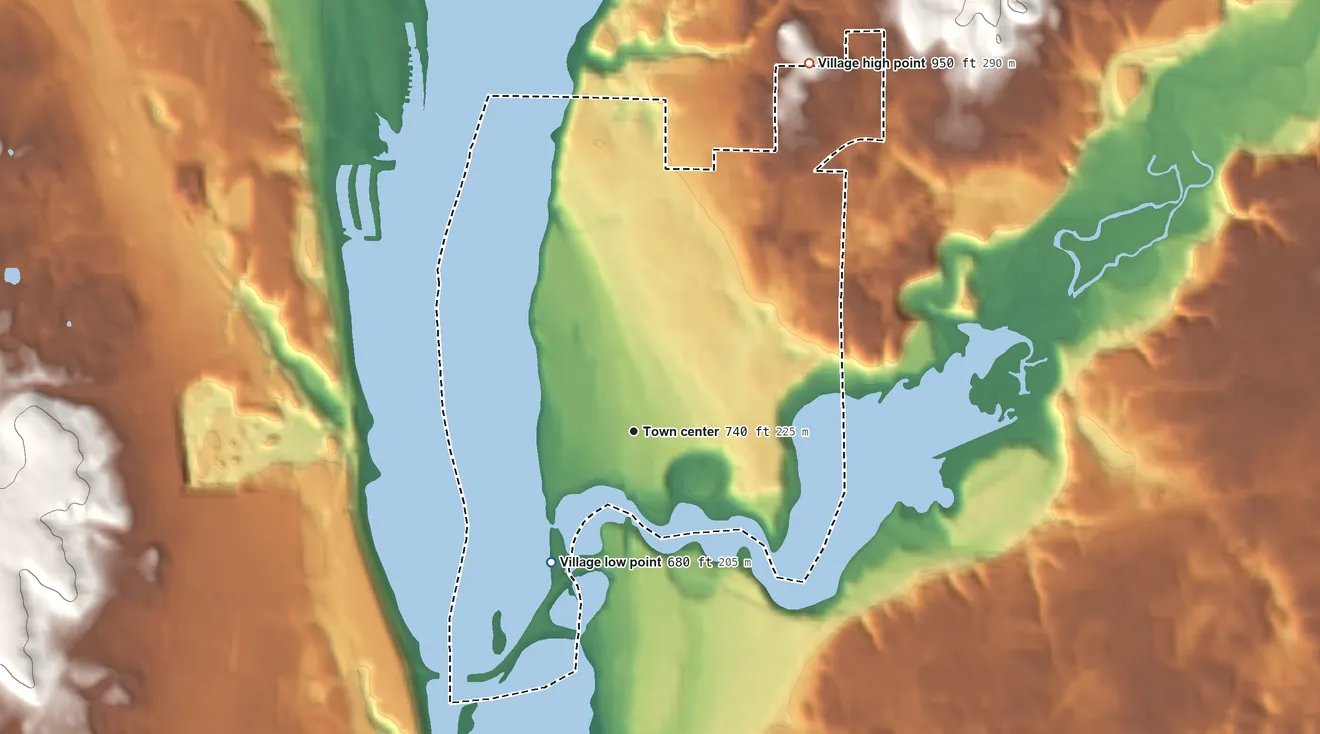 Topographic elevation map of North Hudson, Wisconsin, shaded from 680 ft on the southwest side to 950 ft on the northeast side
