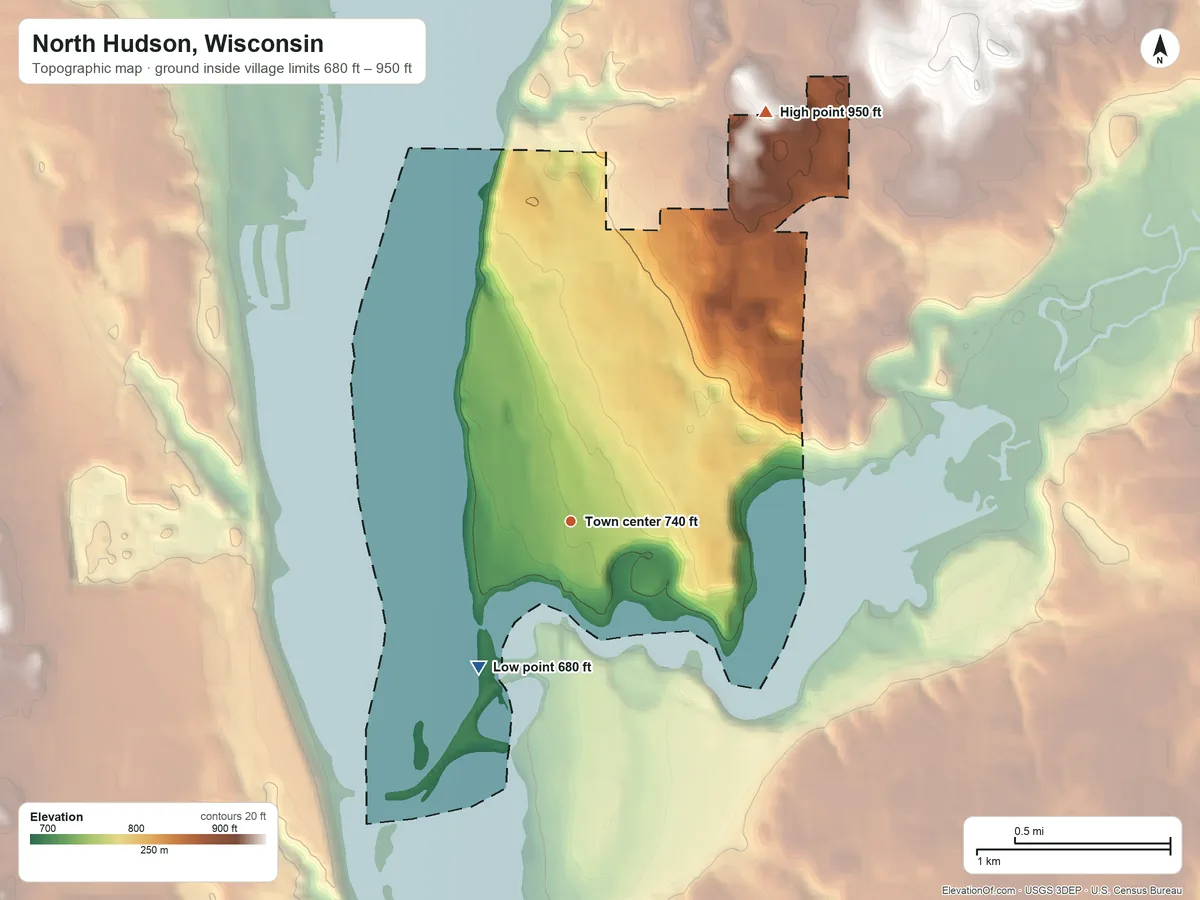 Topographic elevation map of North Hudson, Wisconsin, shaded from 680 ft on the southwest side to 950 ft on the northeast side