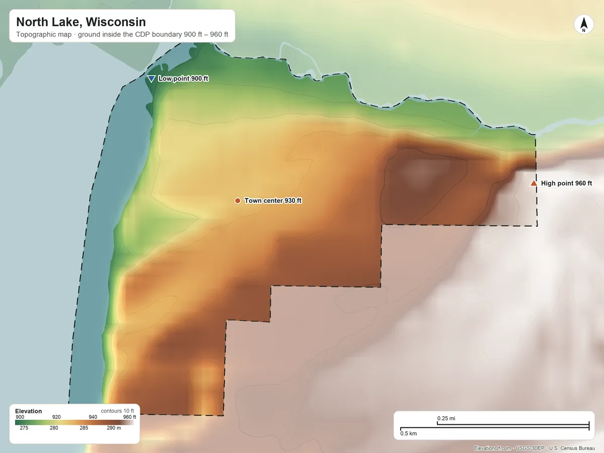 Topographic elevation map of North Lake, Wisconsin, shaded from 900 ft on the northwest side to 960 ft on the east side