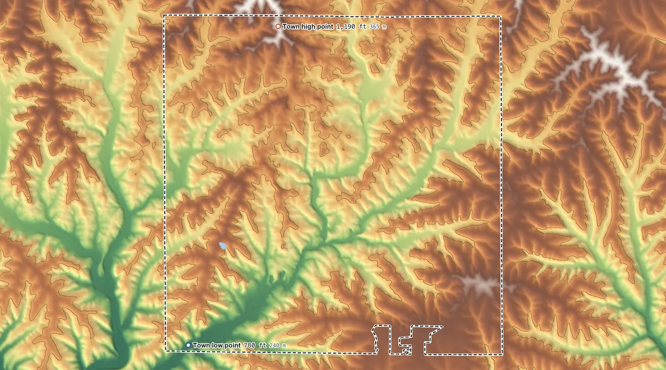 Topographic elevation map of North Lancaster, Wisconsin, shaded from 780 ft on the southwest side to 1,190 ft on the north side