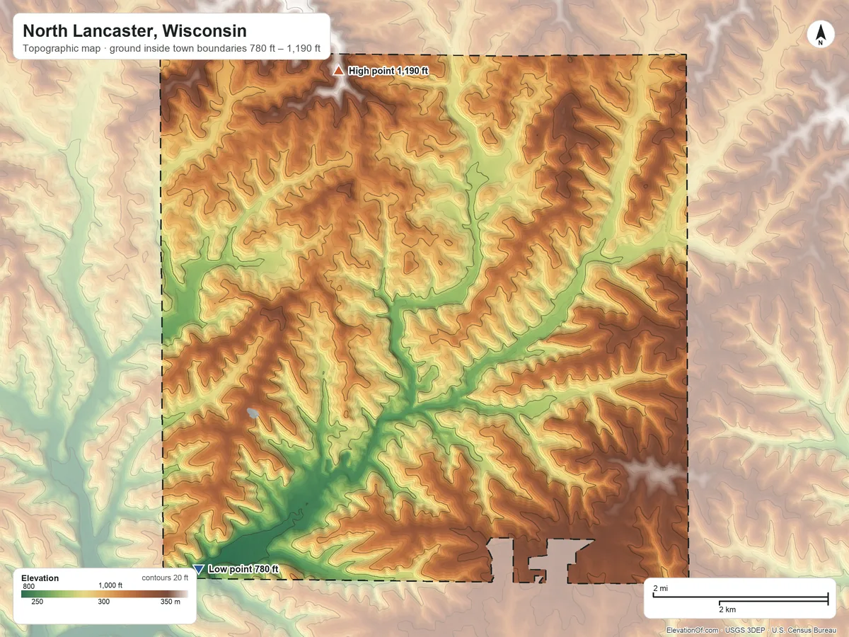 Topographic elevation map of North Lancaster, Wisconsin, shaded from 780 ft on the southwest side to 1,190 ft on the north side