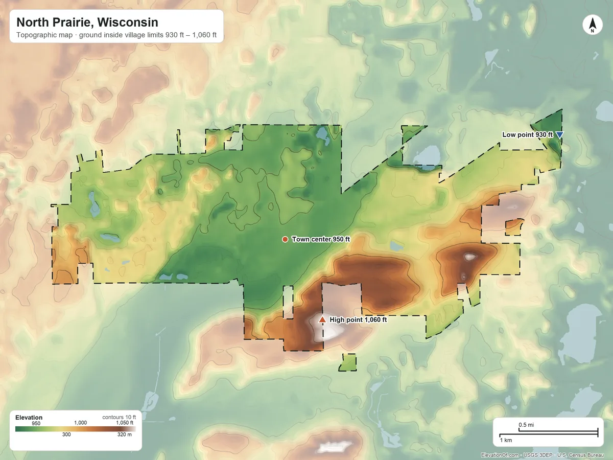 Topographic elevation map of North Prairie, Wisconsin, shaded from 930 ft on the east side to 1,060 ft on the southeast side