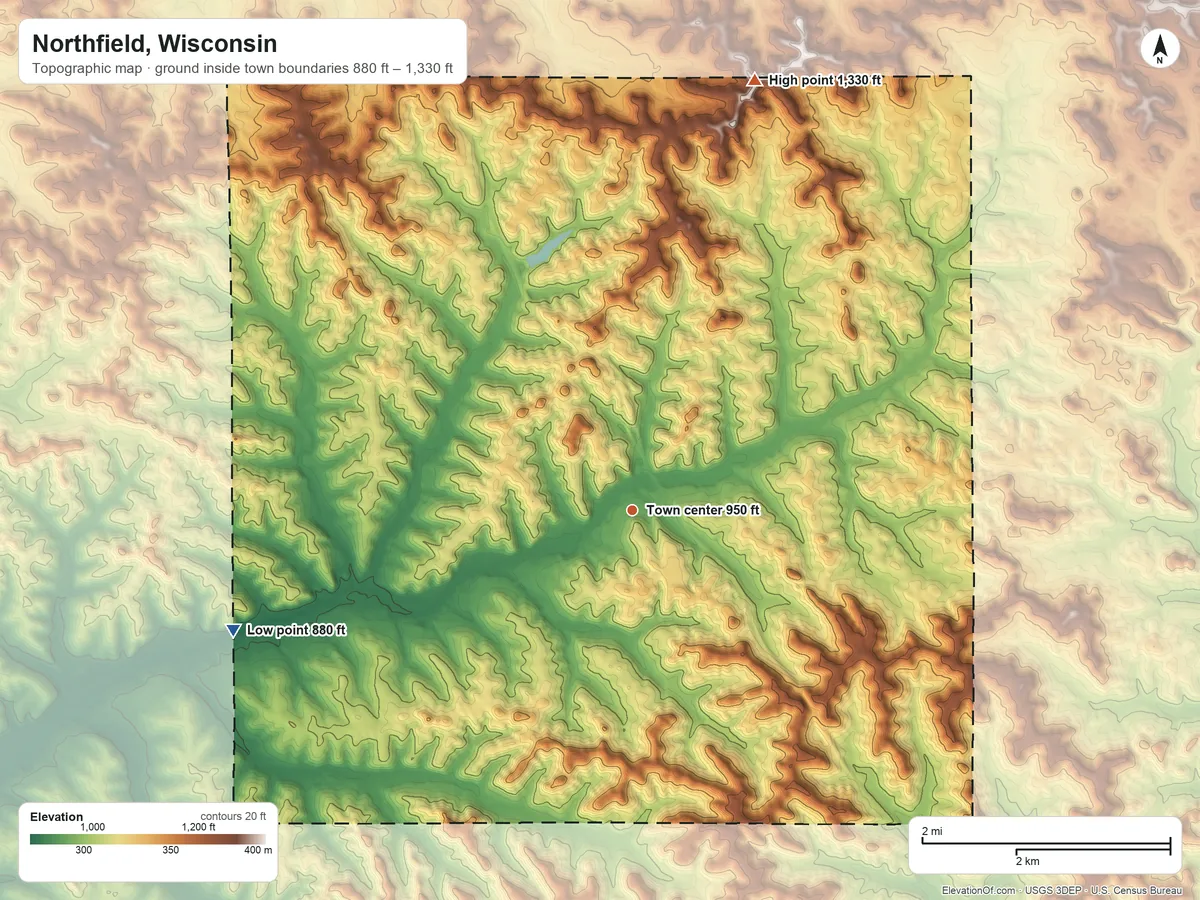 Topographic elevation map of Northfield, Wisconsin, shaded from 880 ft on the west side to 1,330 ft on the north side