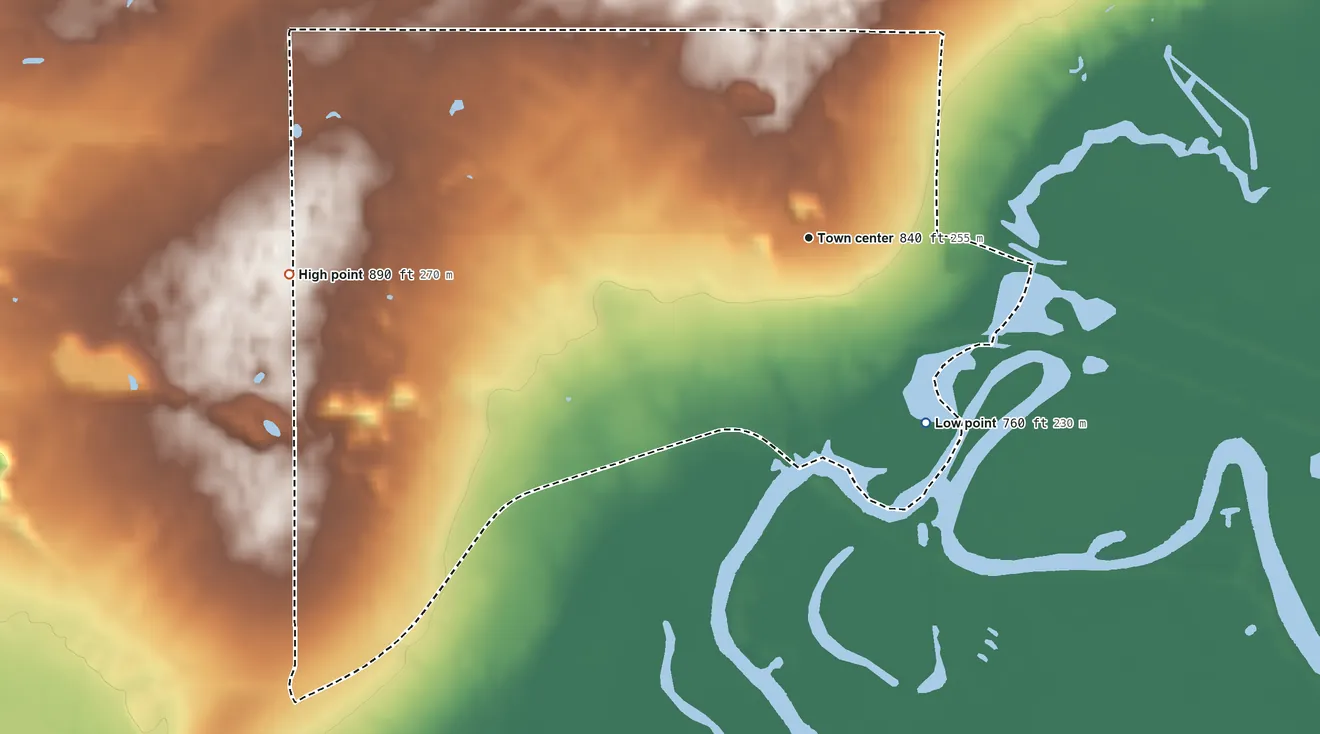 Topographic elevation map of Northport, Wisconsin, shaded from 760 ft on the southeast side to 890 ft on the west side