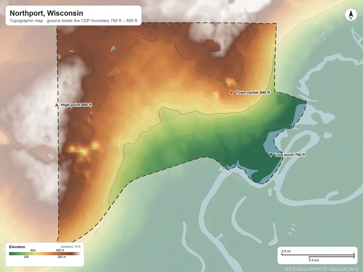 Topographic elevation map of Northport, Wisconsin, shaded from 760 ft on the southeast side to 890 ft on the west side