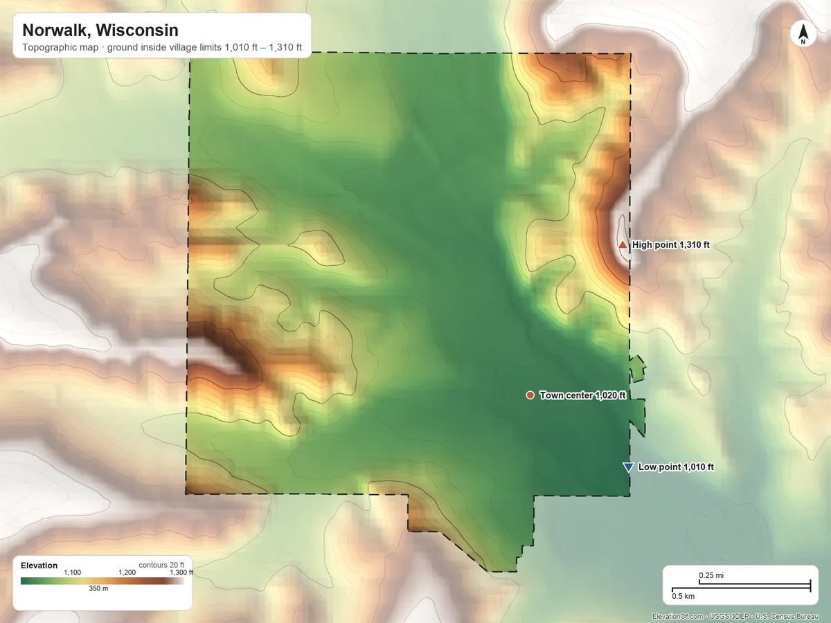 Topographic elevation map of Norwalk, Wisconsin, shaded from 1,010 ft on the southeast side to 1,310 ft on the northeast side
