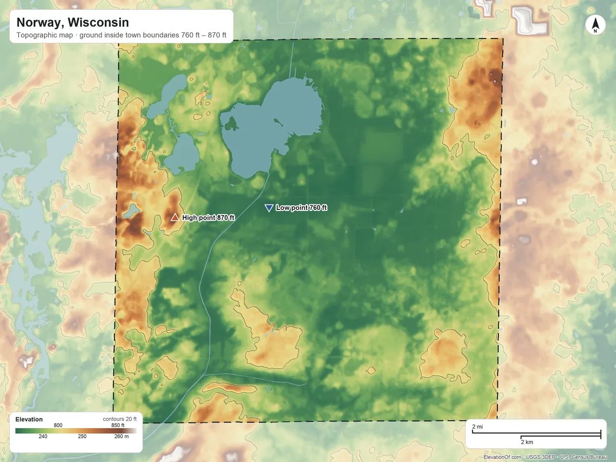 Topographic elevation map of Norway, Wisconsin, shaded from 760 ft near the middle to 870 ft on the southwest side