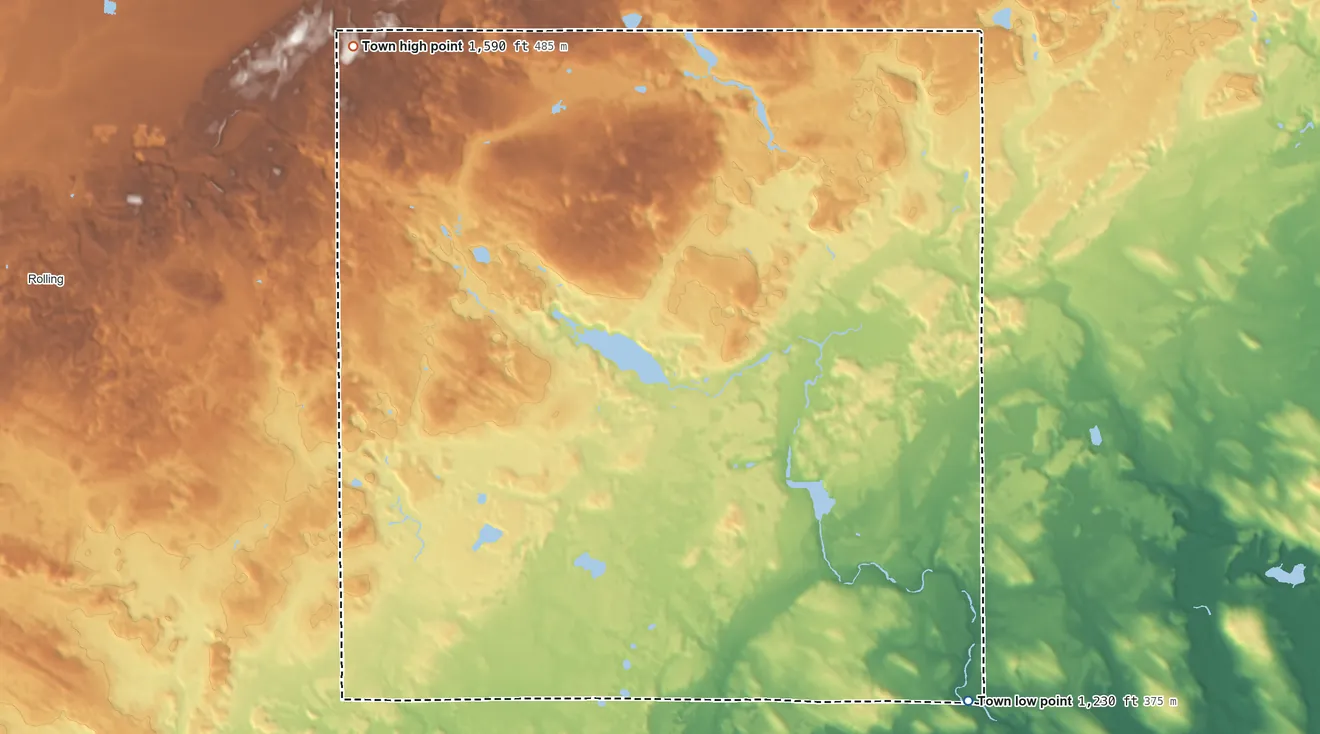 Topographic elevation map of Norwood, Wisconsin, shaded from 1,230 ft on the southeast side to 1,590 ft on the northwest side