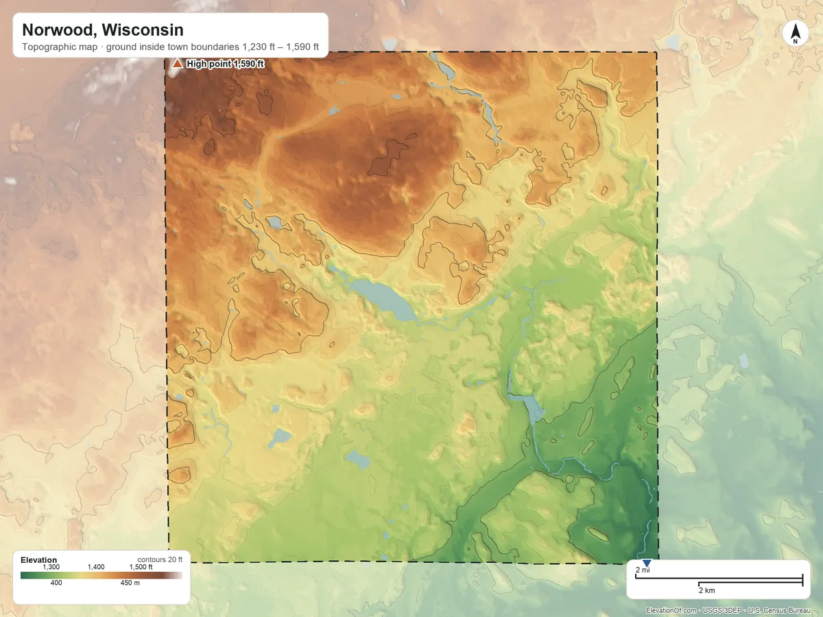 Topographic elevation map of Norwood, Wisconsin, shaded from 1,230 ft on the southeast side to 1,590 ft on the northwest side