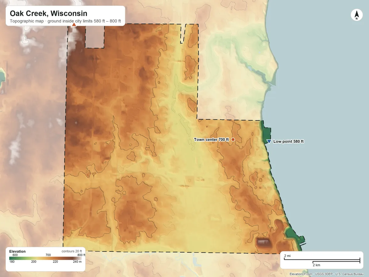 Topographic elevation map of Oak Creek, Wisconsin, shaded from 580 ft on the east side to 800 ft on the northwest side