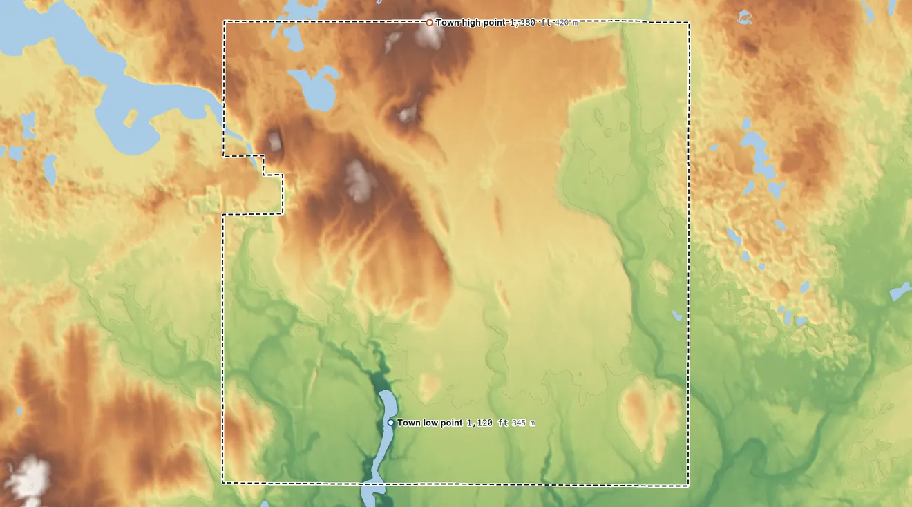 Topographic elevation map of Oak Grove, Barron County, Wisconsin, shaded from 1,120 ft on the south side to 1,380 ft on the north side