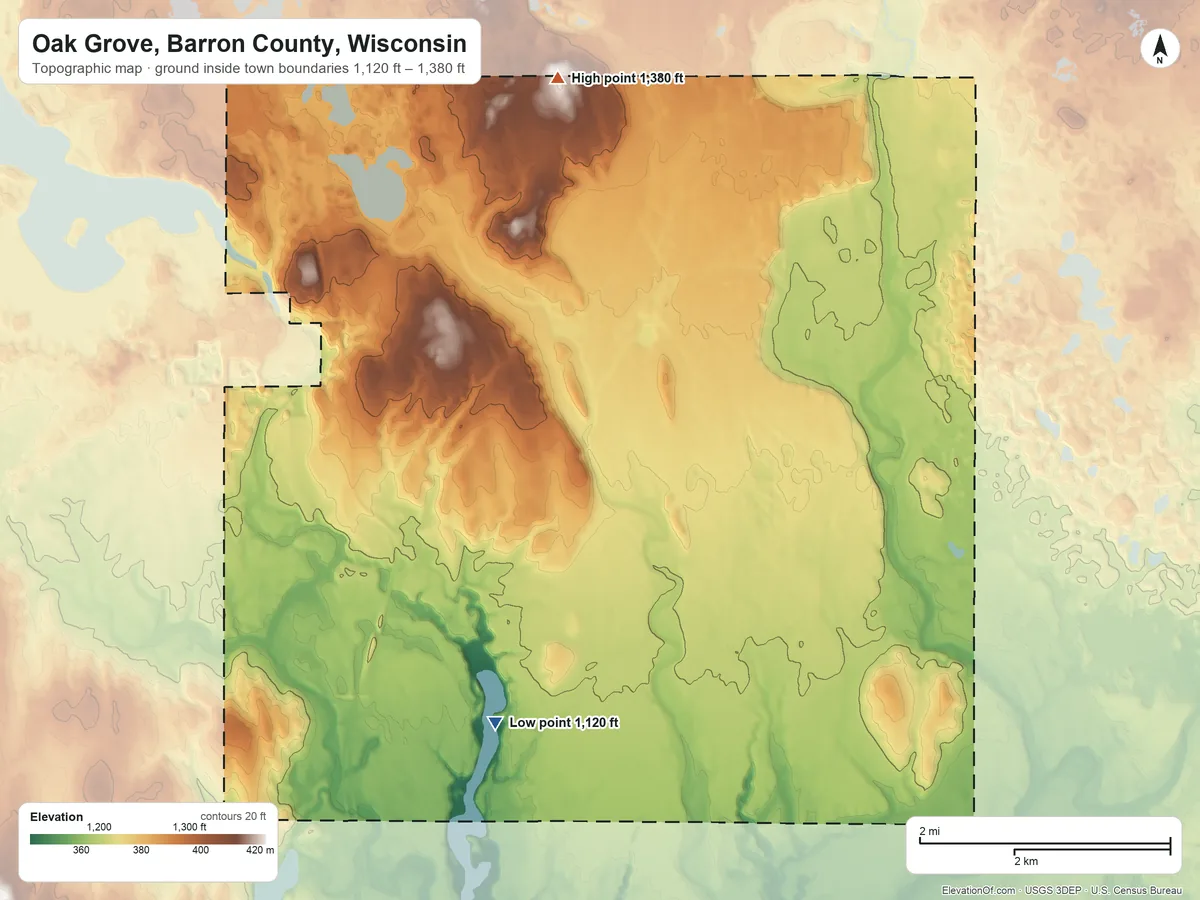 Topographic elevation map of Oak Grove, Barron County, Wisconsin, shaded from 1,120 ft on the south side to 1,380 ft on the north side