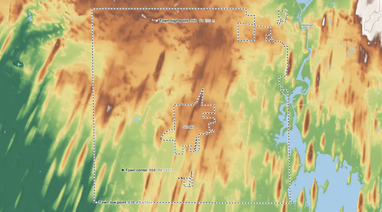 Topographic elevation map of Oak Grove, Dodge County, Wisconsin, shaded from 830 ft on the southwest side to 960 ft on the north side
