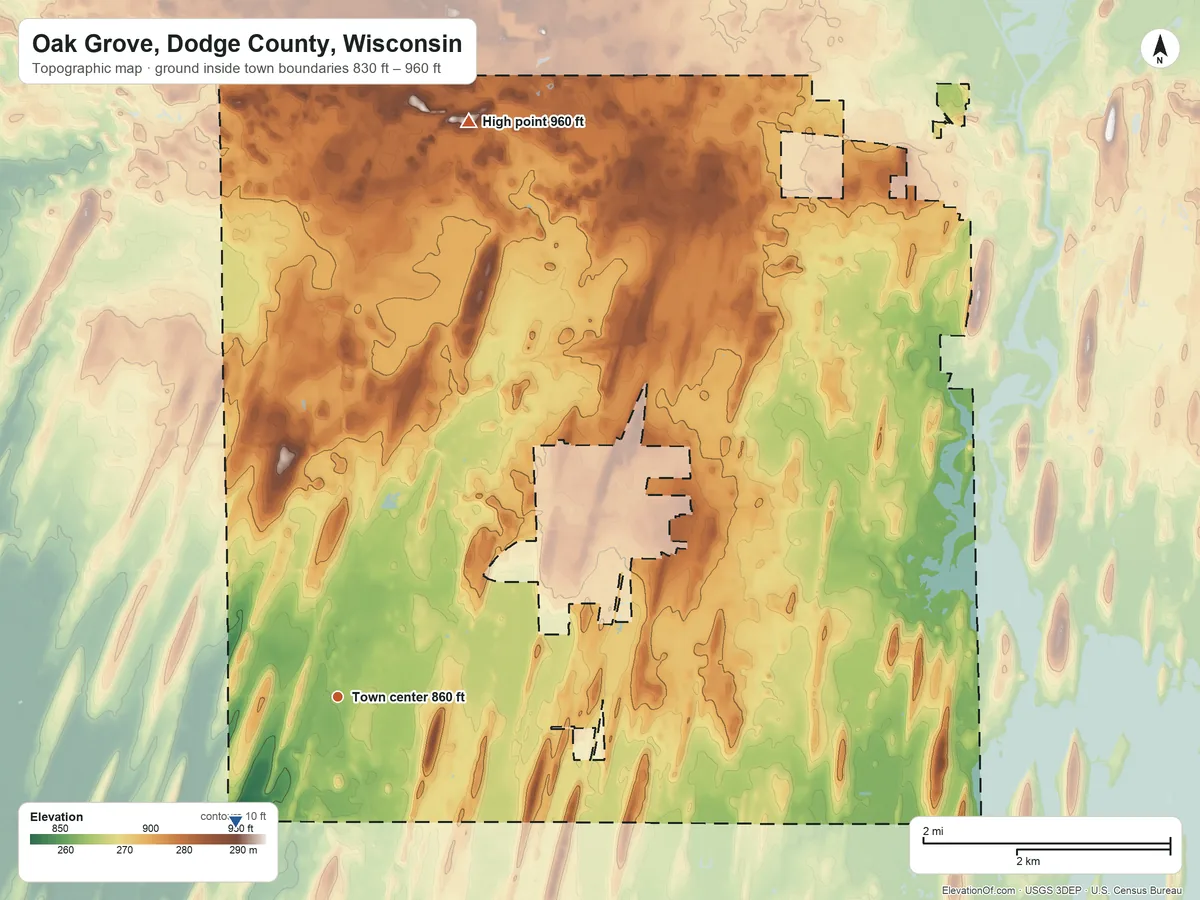 Topographic elevation map of Oak Grove, Dodge County, Wisconsin, shaded from 830 ft on the southwest side to 960 ft on the north side