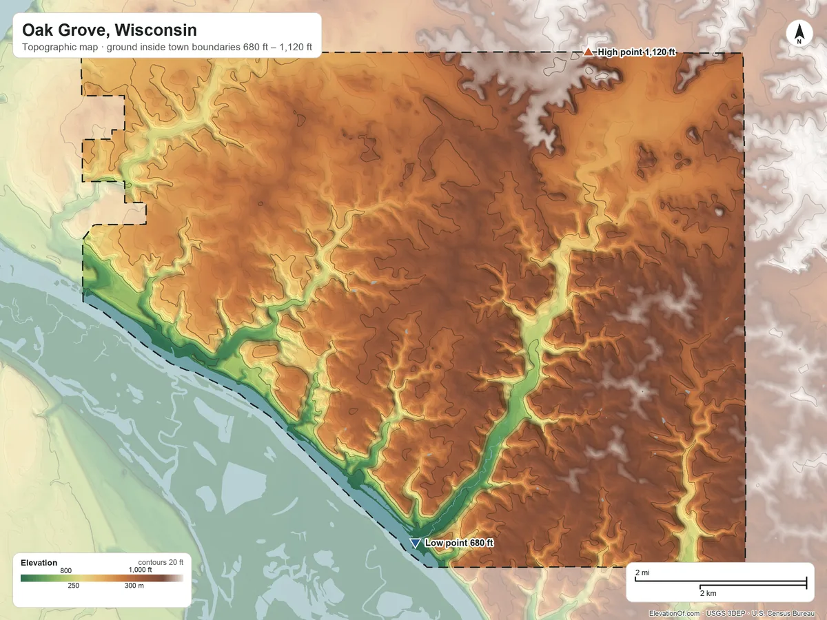 Topographic elevation map of Oak Grove, Wisconsin, shaded from 680 ft on the south side to 1,120 ft on the northeast side