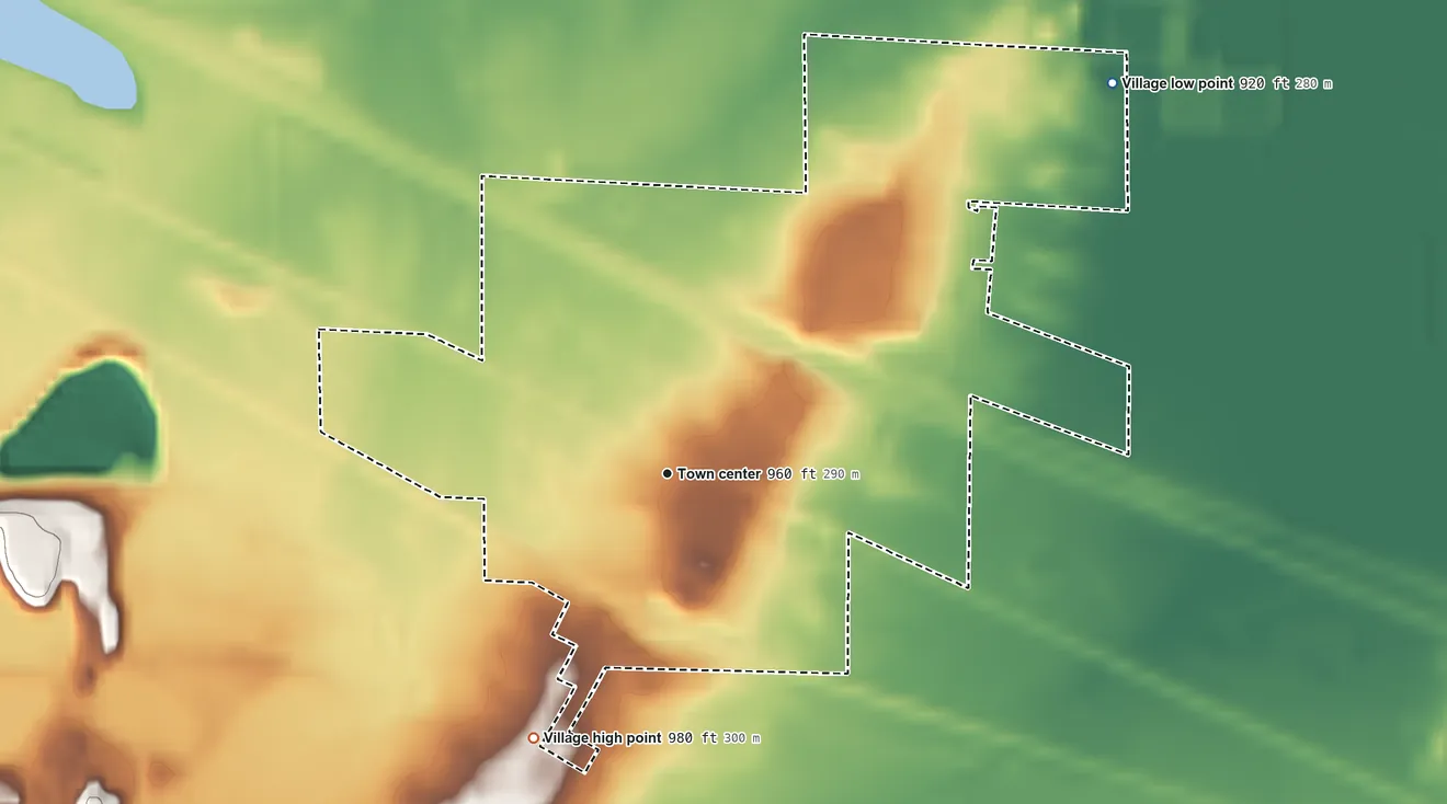 Topographic elevation map of Village of Oakdale, Wisconsin, shaded from 920 ft on the northeast side to 980 ft on the southwest side