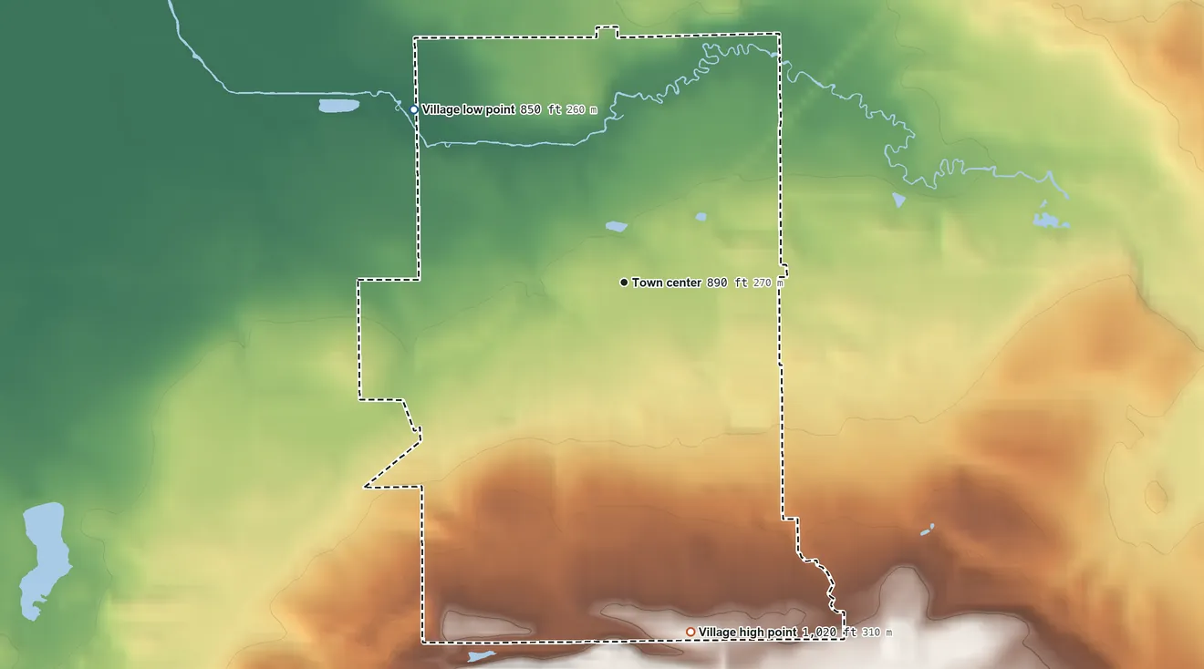 Topographic elevation map of Oakfield, Wisconsin, shaded from 850 ft on the northwest side to 1,020 ft on the south side