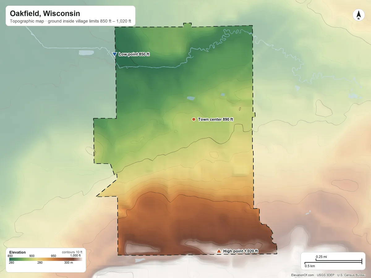 Topographic elevation map of Oakfield, Wisconsin, shaded from 850 ft on the northwest side to 1,020 ft on the south side