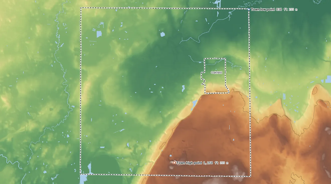 Topographic elevation map of Town of Oakfield, Wisconsin, shaded from 830 ft on the northeast side to 1,160 ft on the south side