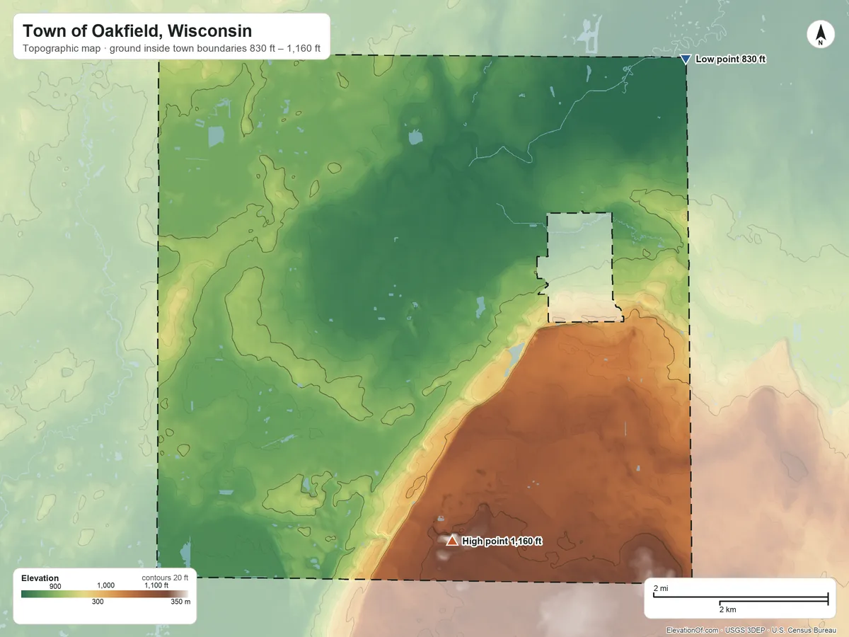 Topographic elevation map of Town of Oakfield, Wisconsin, shaded from 830 ft on the northeast side to 1,160 ft on the south side