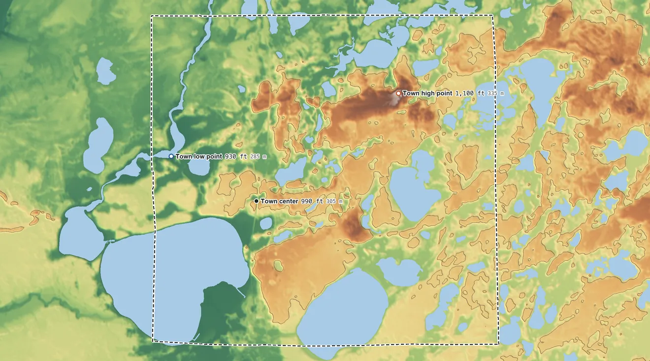 Topographic elevation map of Oakland, Burnett County, Wisconsin, shaded from 930 ft on the northwest side to 1,100 ft on the northeast side