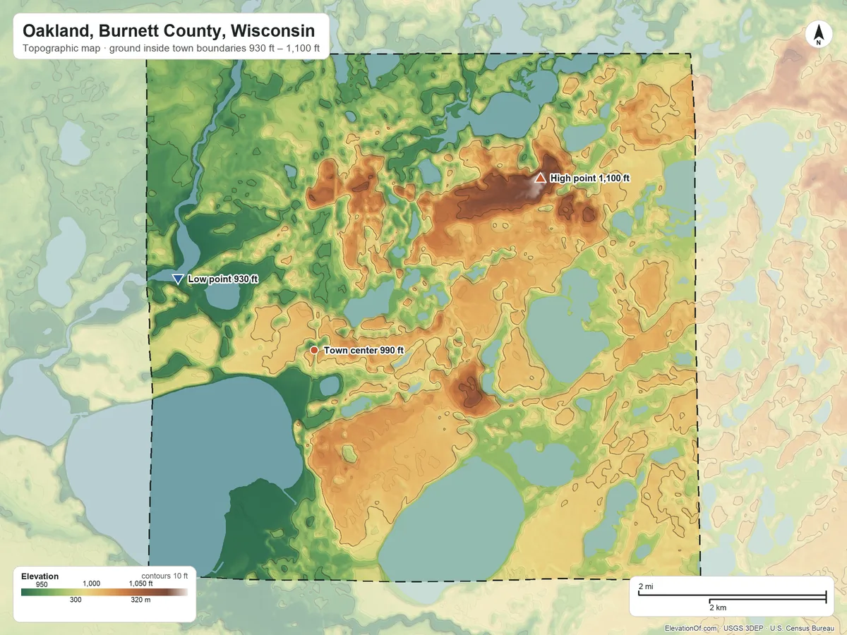 Topographic elevation map of Oakland, Burnett County, Wisconsin, shaded from 930 ft on the northwest side to 1,100 ft on the northeast side