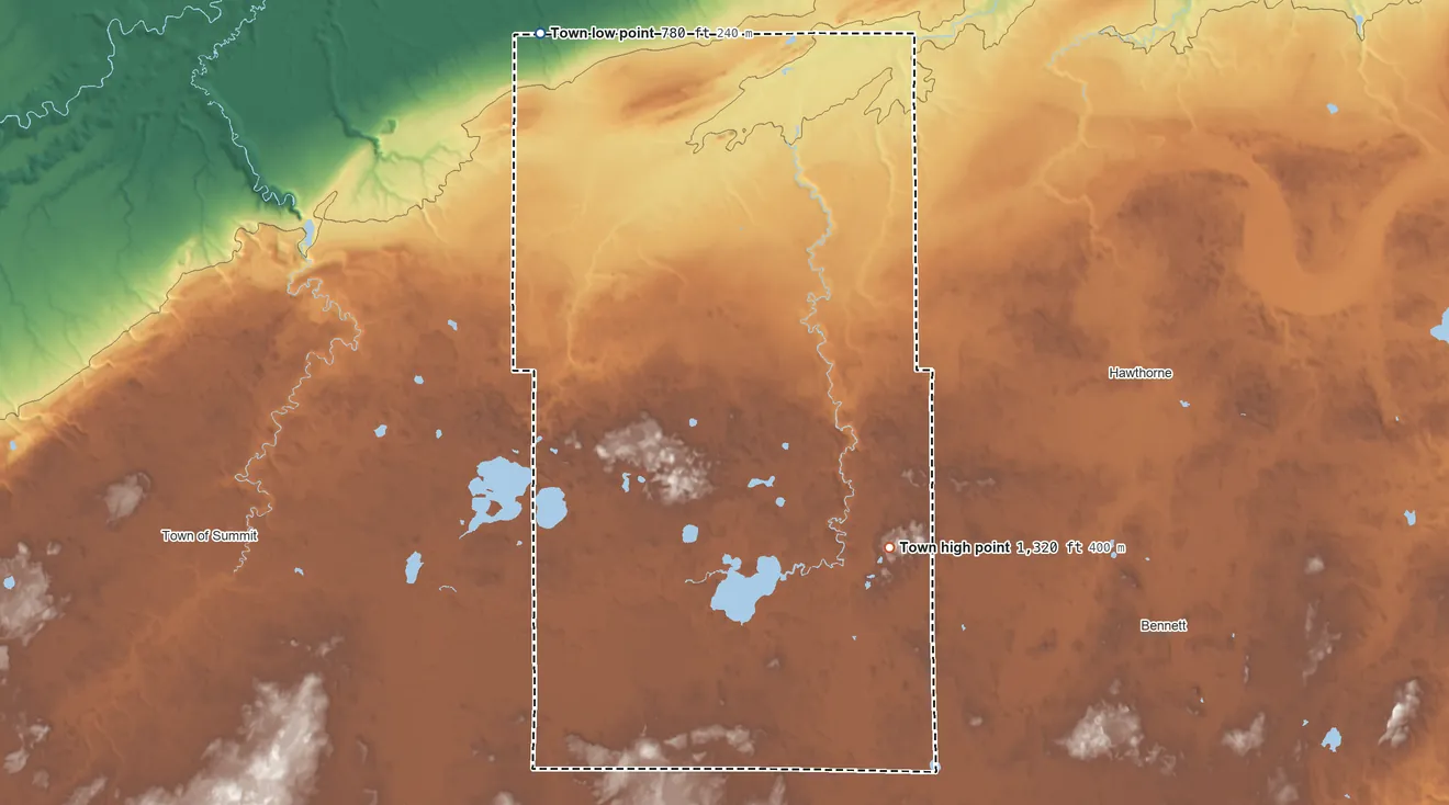 Topographic elevation map of Oakland, Douglas County, Wisconsin, shaded from 780 ft on the northwest side to 1,320 ft on Pikes Peak