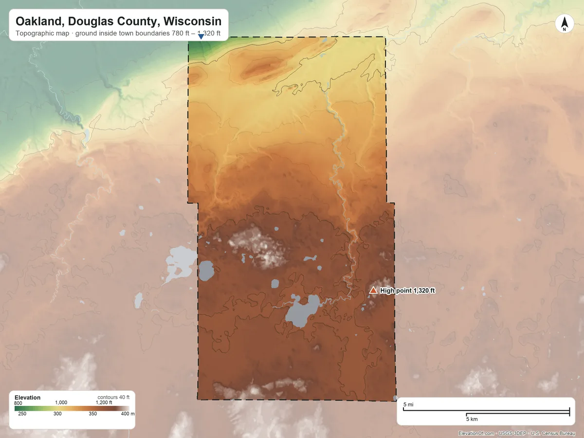 Topographic elevation map of Oakland, Douglas County, Wisconsin, shaded from 780 ft on the northwest side to 1,320 ft on Pikes Peak