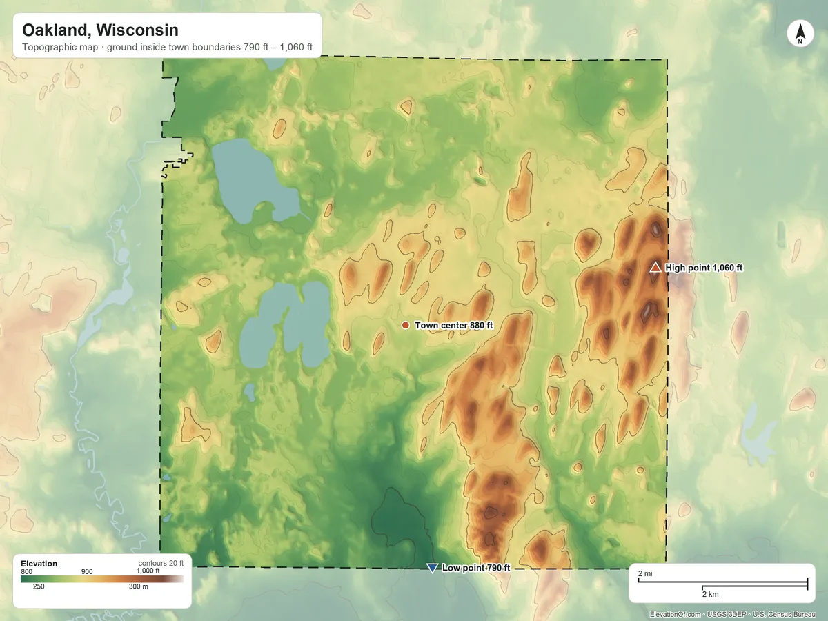 Topographic elevation map of Oakland, Wisconsin, shaded from 790 ft on the south side to 1,060 ft on the east side