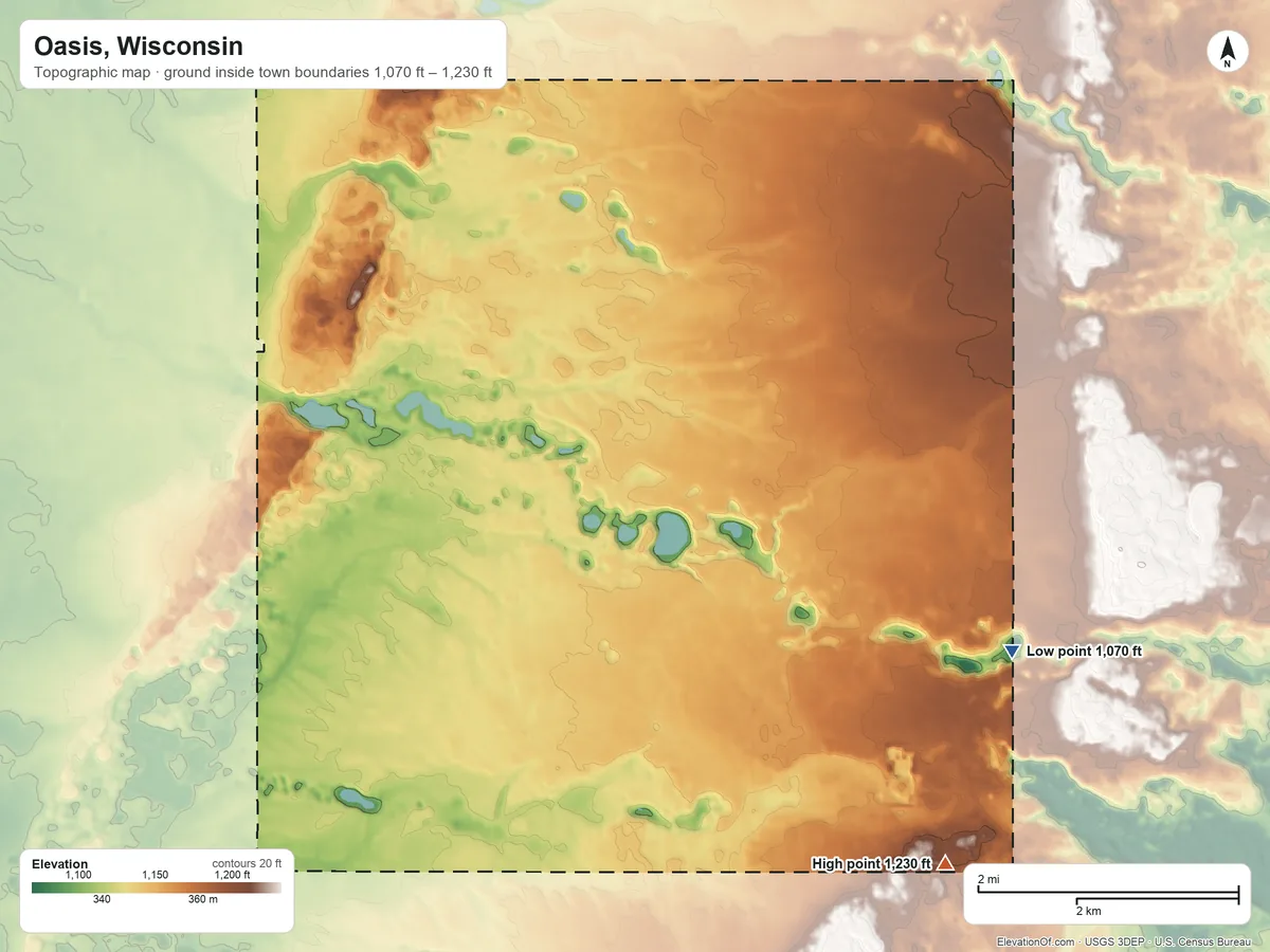 Topographic elevation map of Oasis, Wisconsin, shaded from 1,070 ft on the east side to 1,230 ft on the southeast side