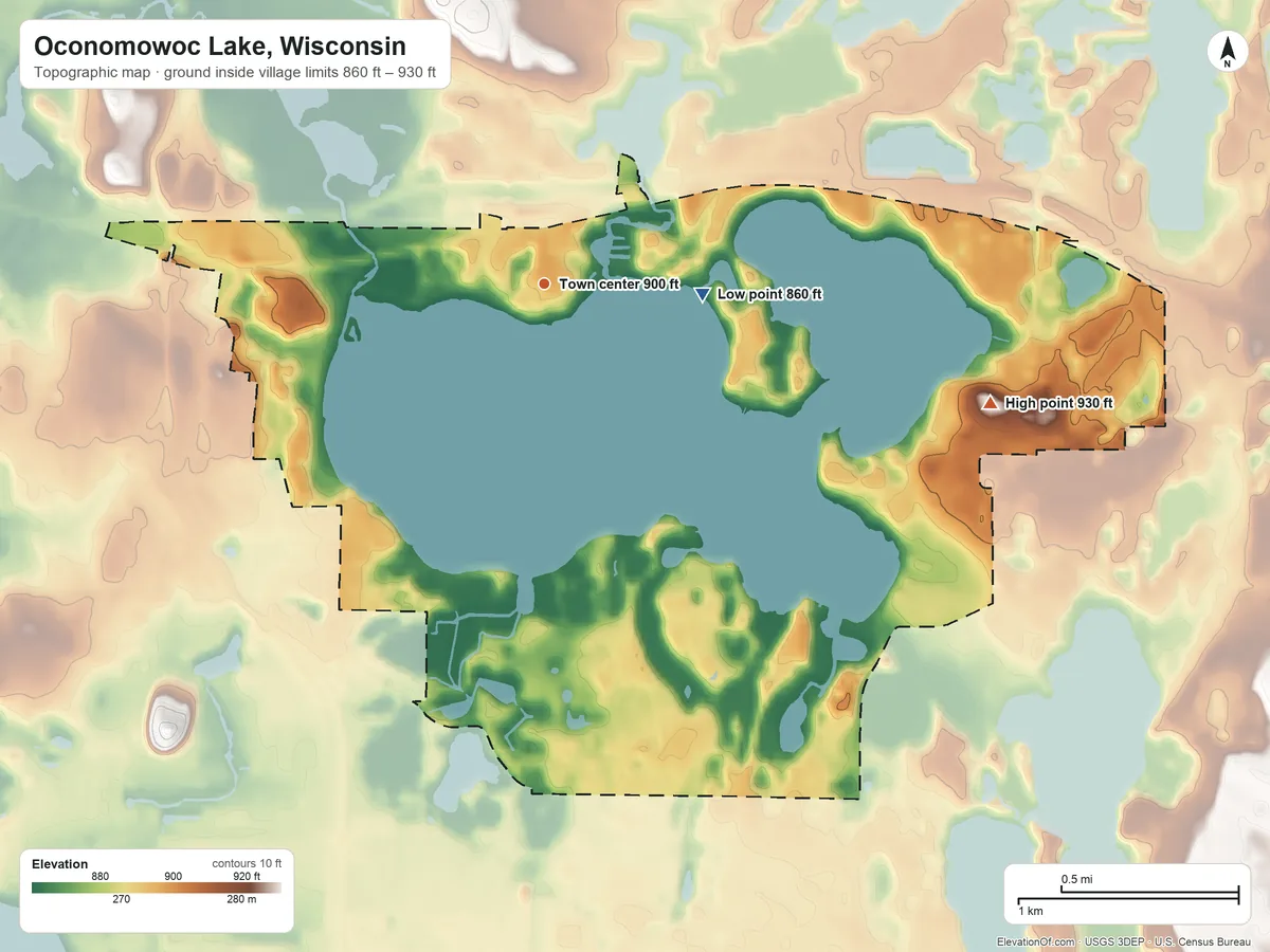 Topographic elevation map of Oconomowoc Lake, Wisconsin, shaded from 860 ft on the east side to 930 ft on the east side