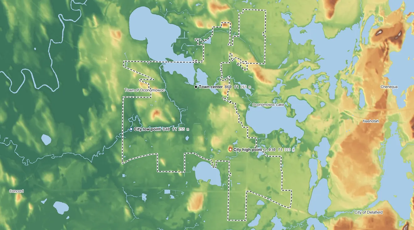 Topographic elevation map of Oconomowoc, Wisconsin, shaded from 840 ft on the southwest side to 1,030 ft on the southeast side