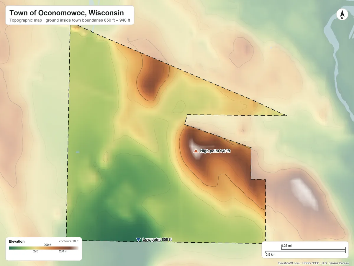 Topographic elevation map of Town of Oconomowoc, Wisconsin, shaded from 850 ft on the southwest side to 940 ft on the northwest side