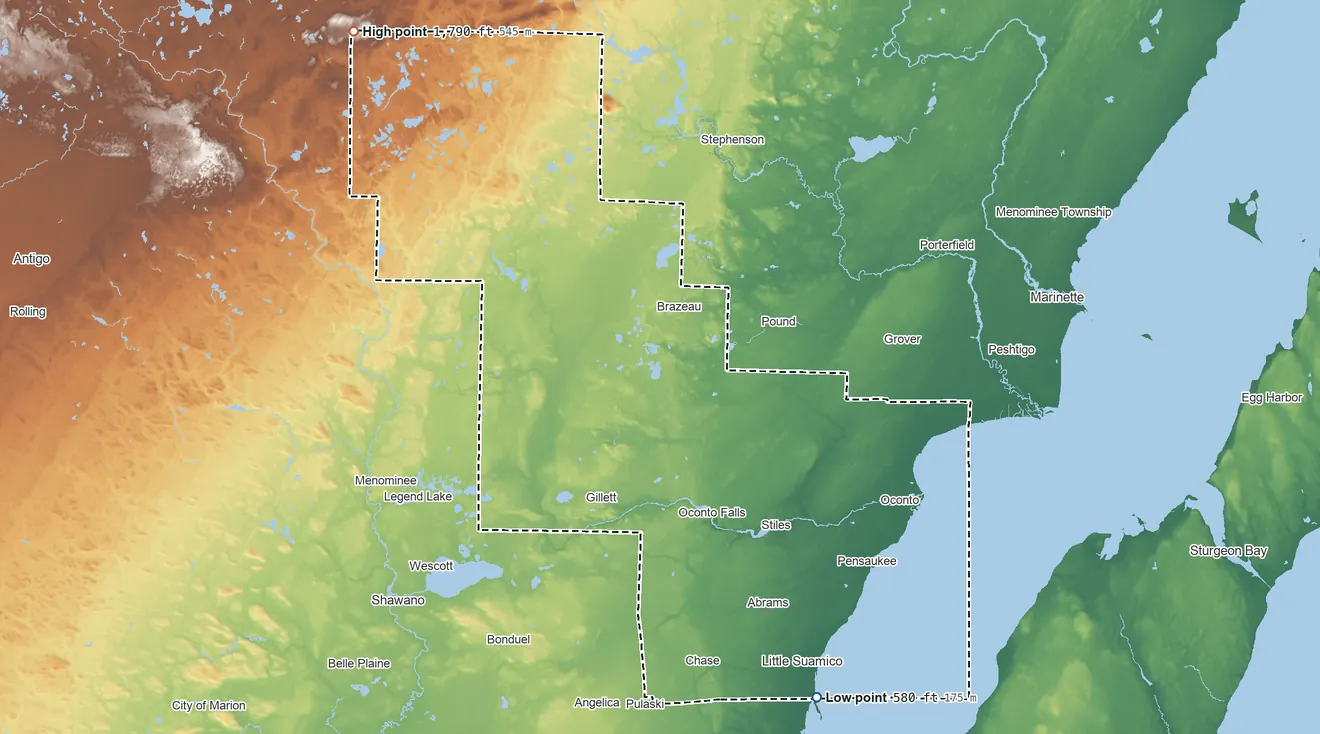 Topographic elevation map of Oconto County, Wisconsin, shaded from 580 ft on the southeast side to 1,790 ft on the northwest side