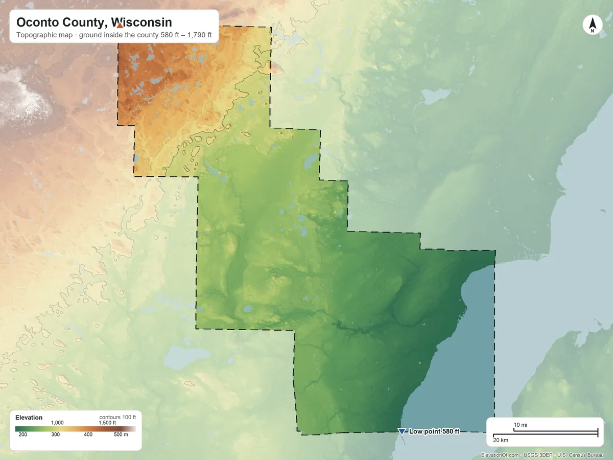 Topographic elevation map of Oconto County, Wisconsin, shaded from 580 ft on the southeast side to 1,790 ft on the northwest side